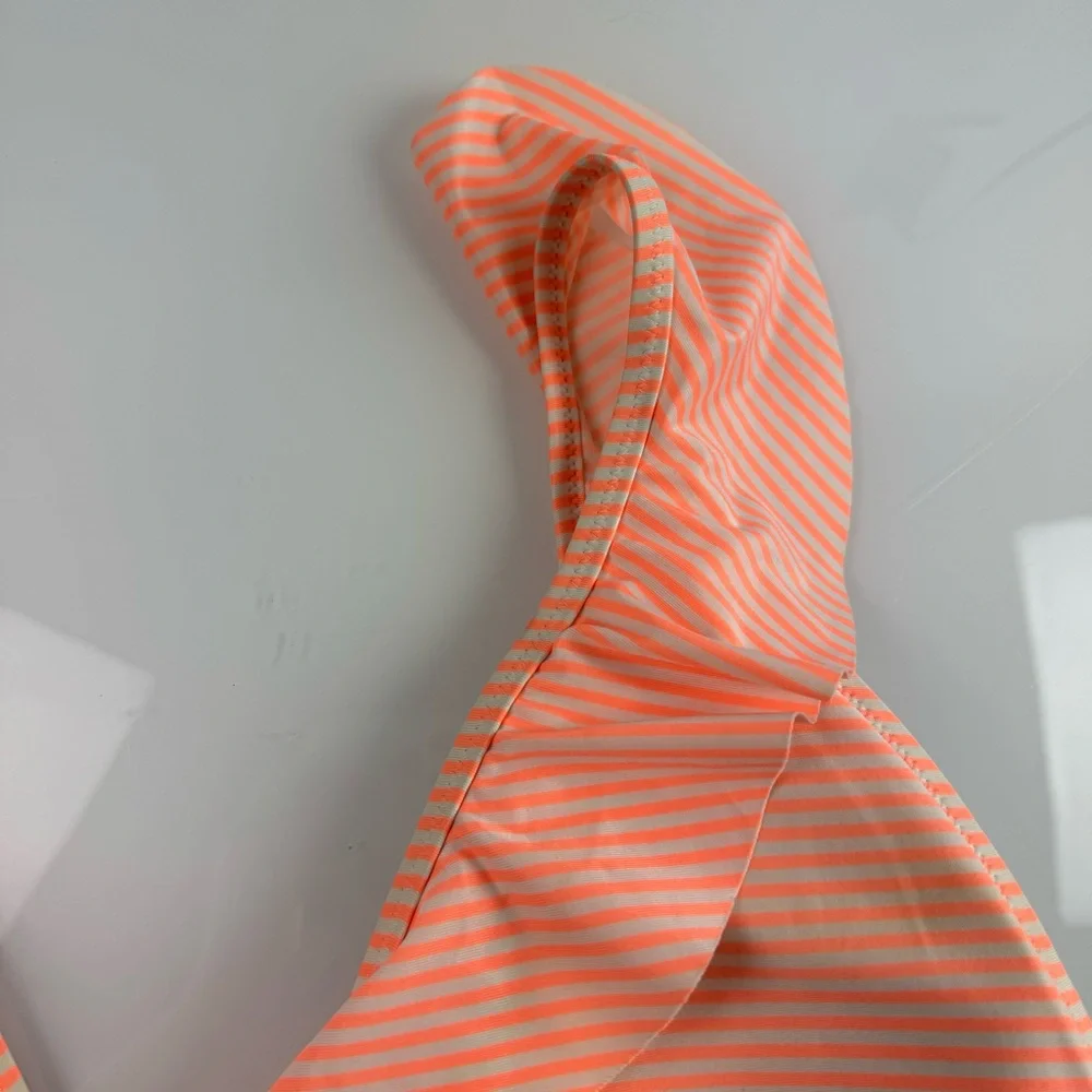 Aerie Swim Top Bikini Triangle Micro Stripe Print Neon Orange White Ruffle Strap